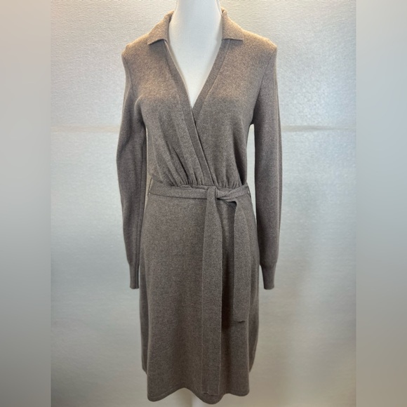 Women’s 100% Cashmere Knit Wrap Dress with Belt – Brown, Size XS - Picture 1 of 17